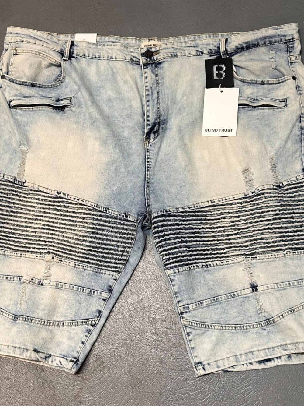Blind Trust Mens Denim Shorts 52 Blue Acid Wash Biker Moto Slim Fit Distressed